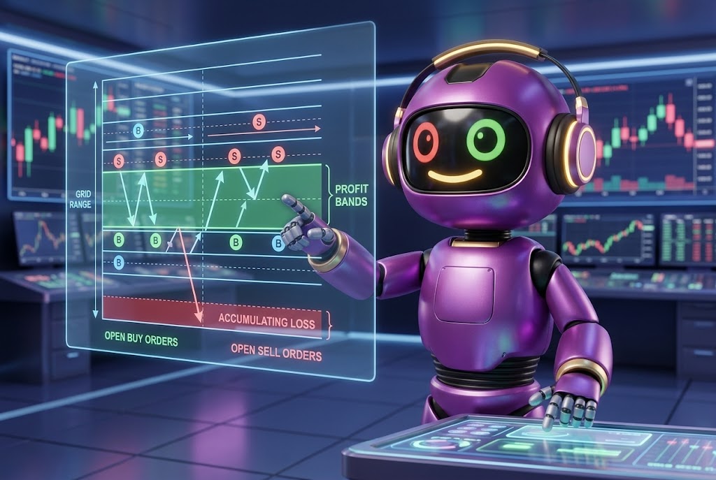 Схема сетки грид трейдинга с зонами прибыли и убытка