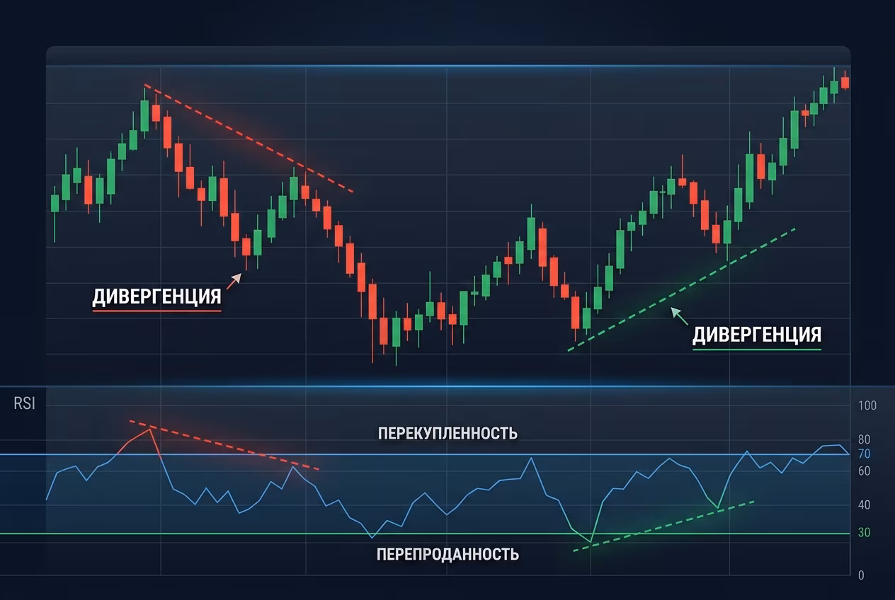 Схема бычьей и медвежьей дивергенции RSI на ценовом графике
