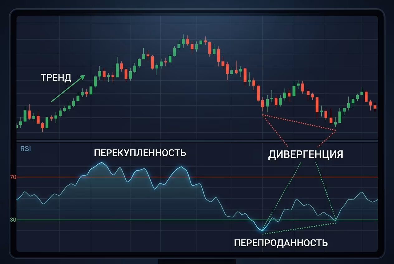 График RSI с перекупленностью перепроданностью и бычьей дивергенцией