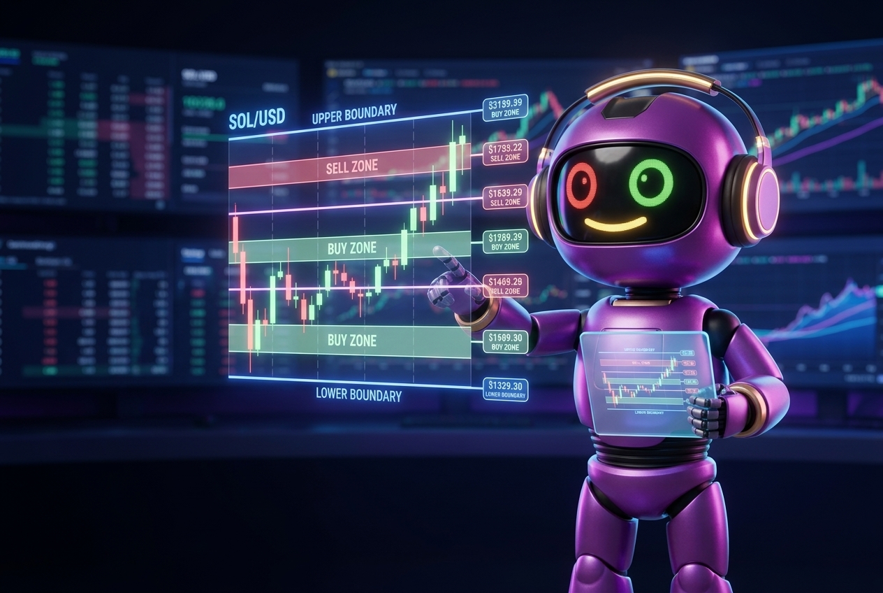 Схема диапазона грид трейдинга SOL с уровнями покупок и продаж