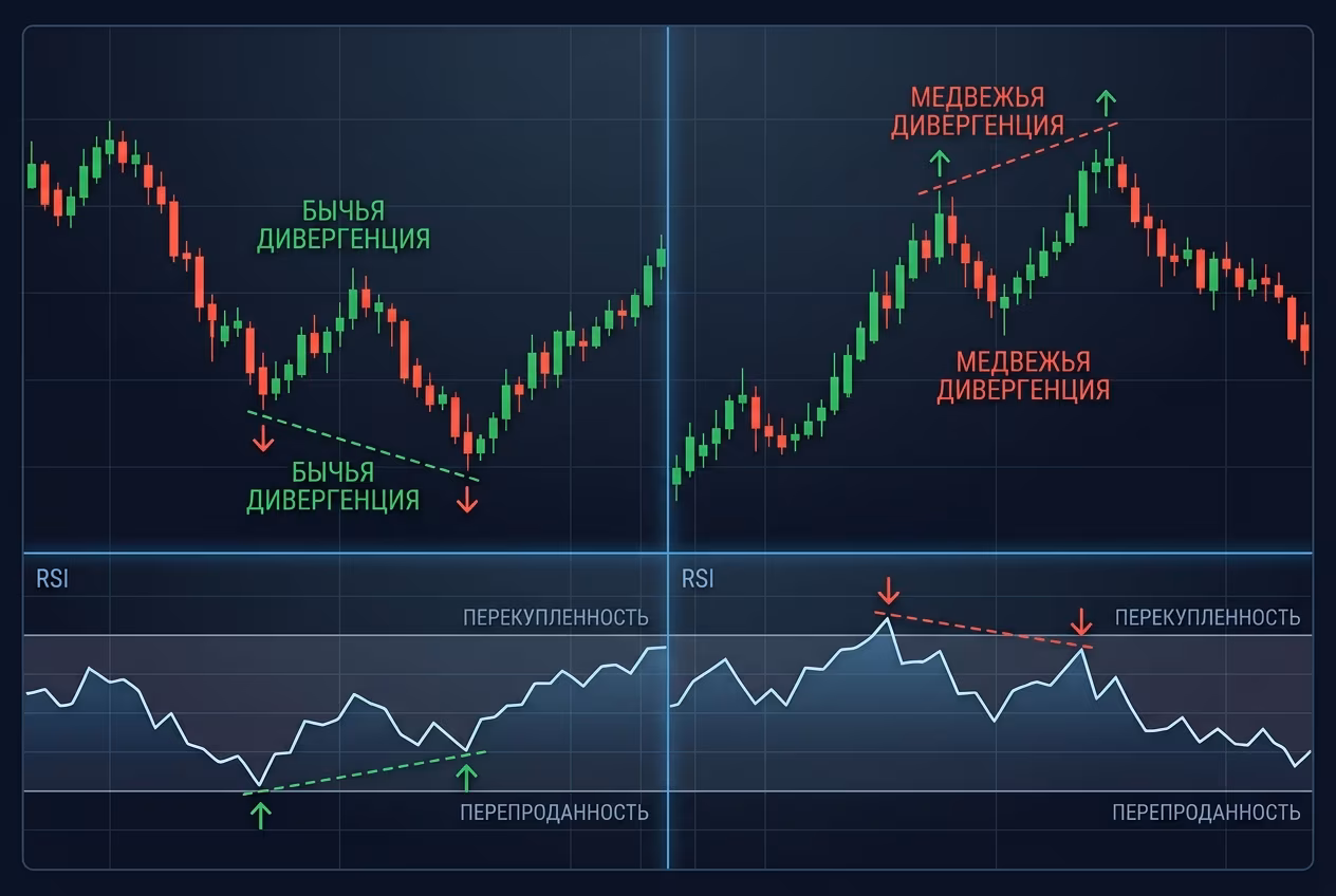 Схема бычьей и медвежьей дивергенции RSI с подписями экстремумов