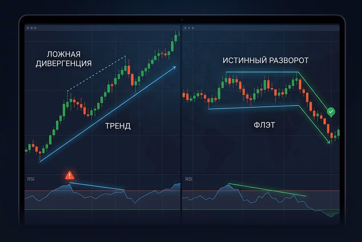 Ложная дивергенция в тренде и истинный разворот во флэте RSI
