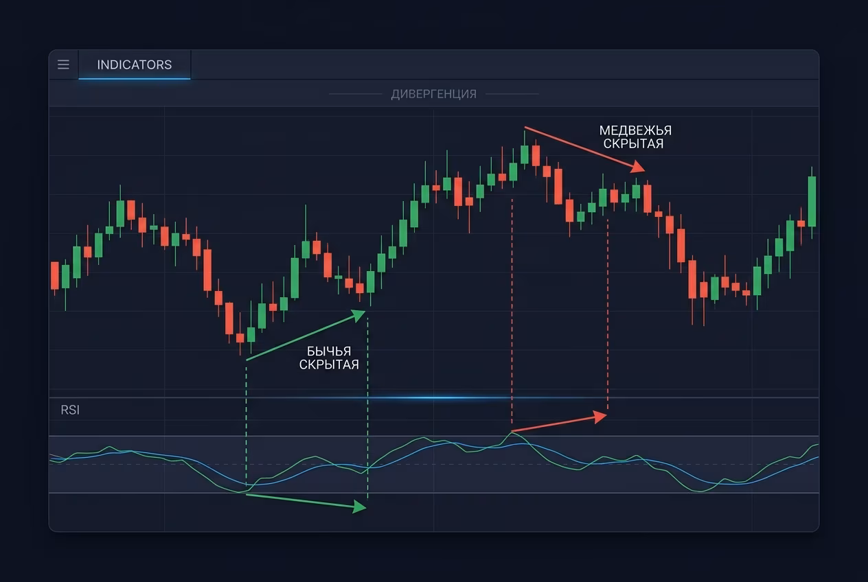 Бычья и медвежья скрытая дивергенция RSI на торговом графике